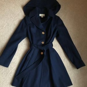 Michael Kors navy blue hooded wool coat